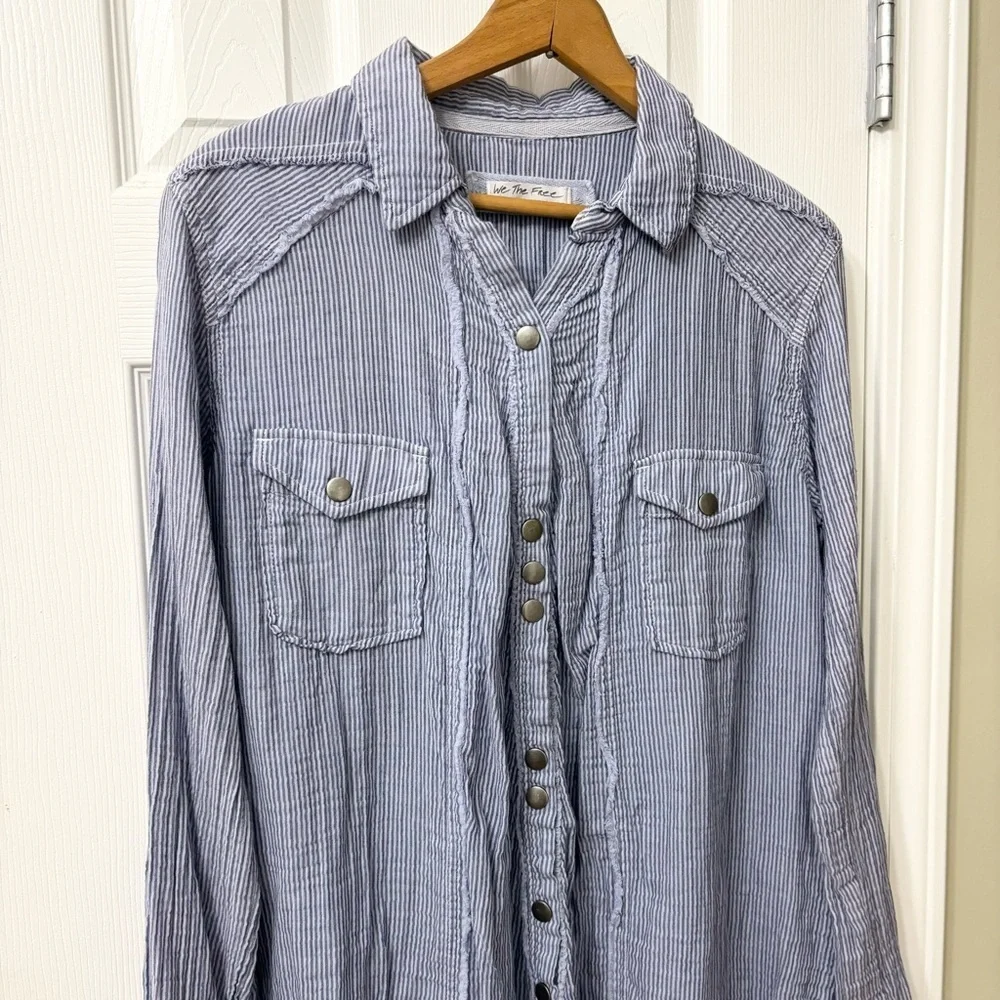 Free People We The Free Blue White Stripe Button Down Shirt Women’s Size Medium